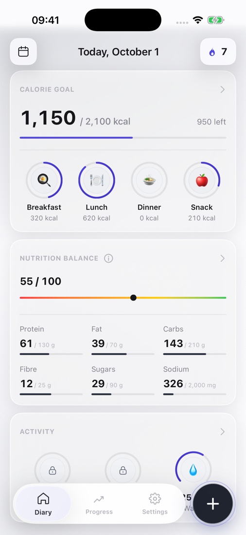 MacroUp diary with calories and nutrients