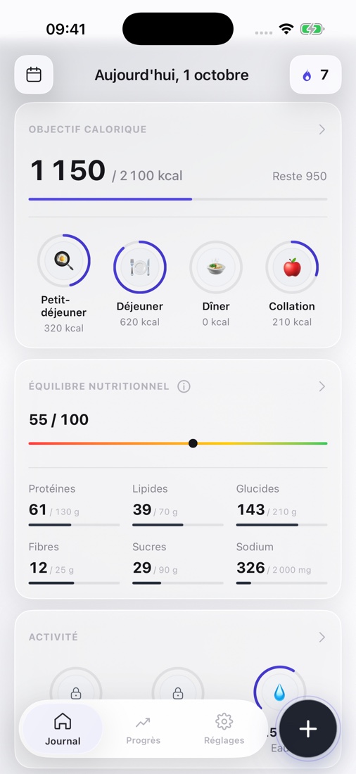 Journal MacroUp avec calories et nutriments
